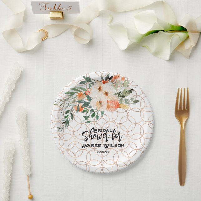 Gold Wedding Ring Pattern with Orange Roses   Paper Plate (Wedding)