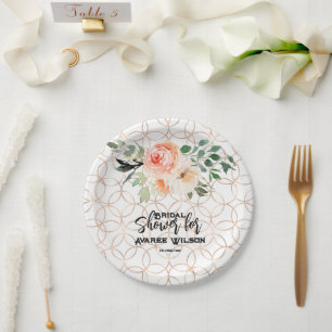 Gold Wedding Ring Pattern with Orange Roses Paper Plate