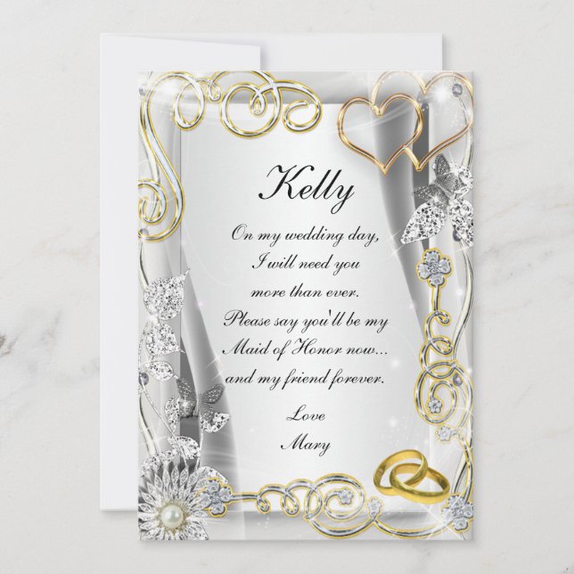 Gold Wedding Rings And Hearts Maid Of Honour Card (Front)