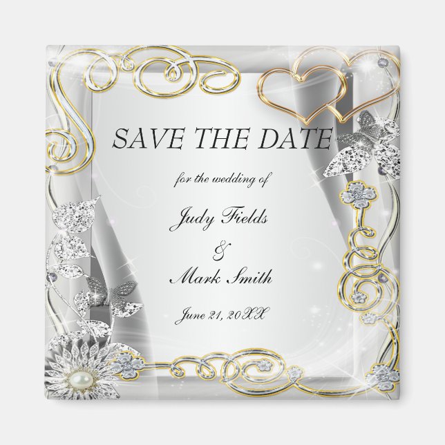 Gold Wedding Rings And Hearts Save The Date Magnet (Front)