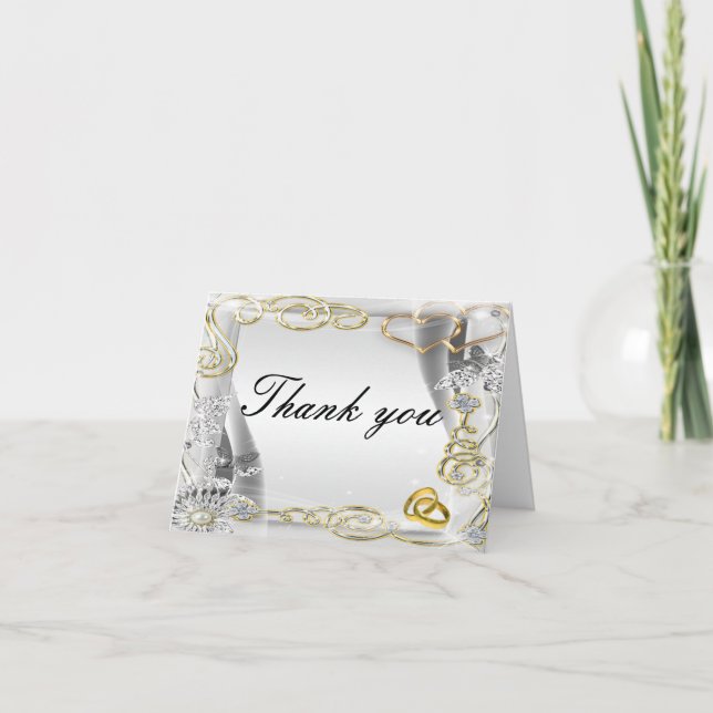Gold Wedding Rings And Hearts Thank You Card (Front)