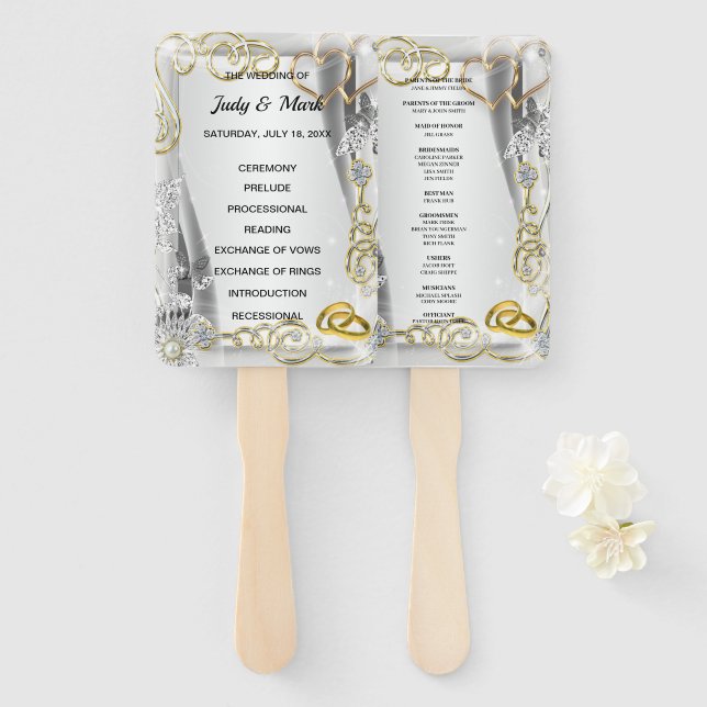 Gold Wedding Rings And Hearts Wedding Program Hand Fan (Front and Back)