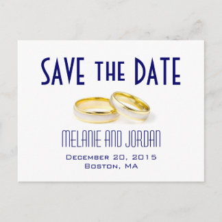 Gold Wedding Rings Blue Save the Date Postcards