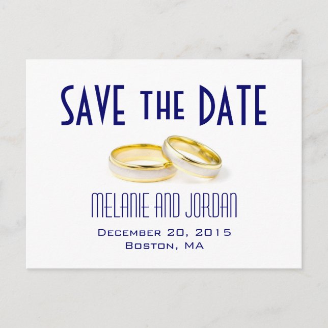 Gold Wedding Rings Blue Save the Date Postcards (Front)