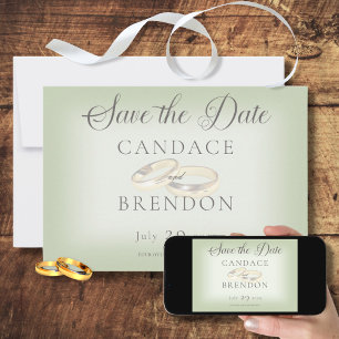 Gold Wedding Rings on Sage Save the Date Card