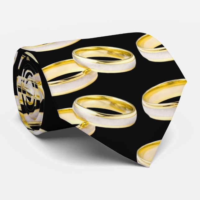 Gold Wedding Rings Pattern on Black Tie (Rolled)