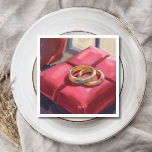 Gold Wedding Rings Watercolor Painting Red Napkin