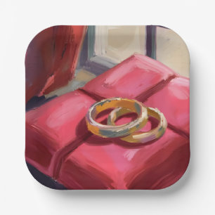 Gold Wedding Rings Watercolor Painting Red Paper Plate