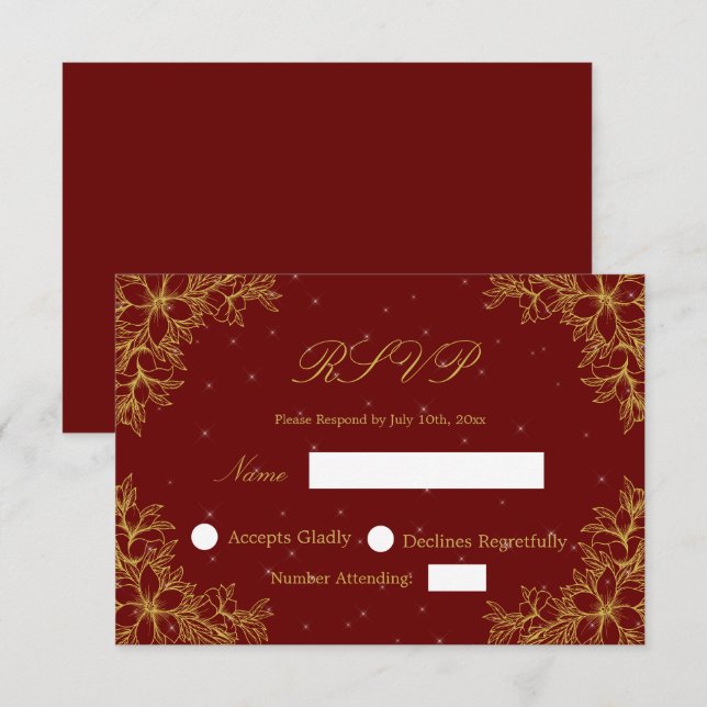 Gold Wedding RSVP with Ornate Floral graphics Card (Front/Back)