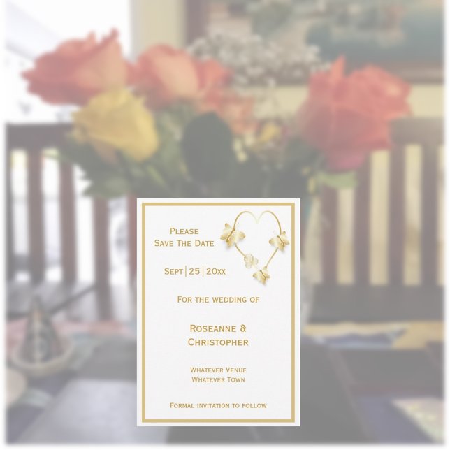 Gold Wedding Save The Date Invitation Butterflies  (Gold wedding save the date invitation butterflies heart design)