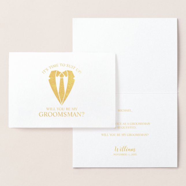Gold Wedding Suit Personalised Groomsman Proposal Foil Card (Display)