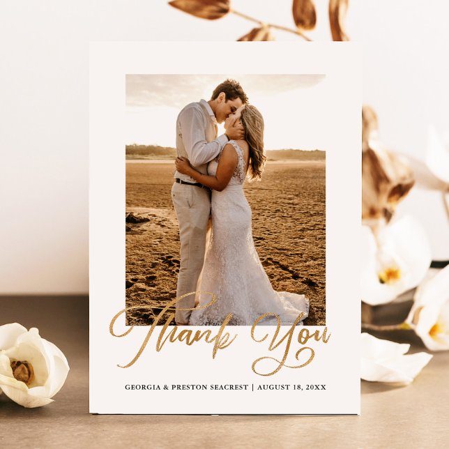 Gold Wedding Thank You Photo Card Minimal Script  (Creator Uploaded)