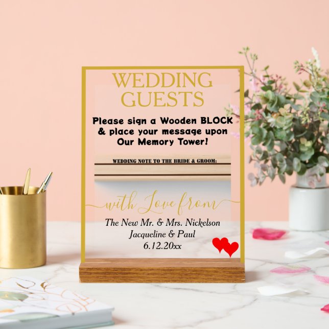 Gold Wedding Wooden Block Names Red Hearts  Acrylic Sign (Wedding)