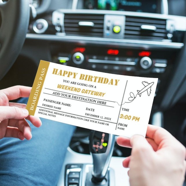 Gold Weekend Getaway Birthday Boarding pass Ticket Invitation (Creator Uploaded)