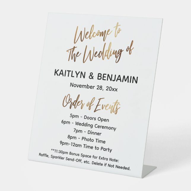 Gold Welcome Wedding Timeline Order of Events Sign (Front)