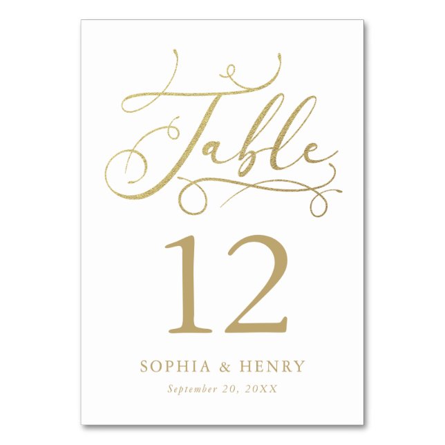 Gold Whimsical Calligraphy Table Number (Front)