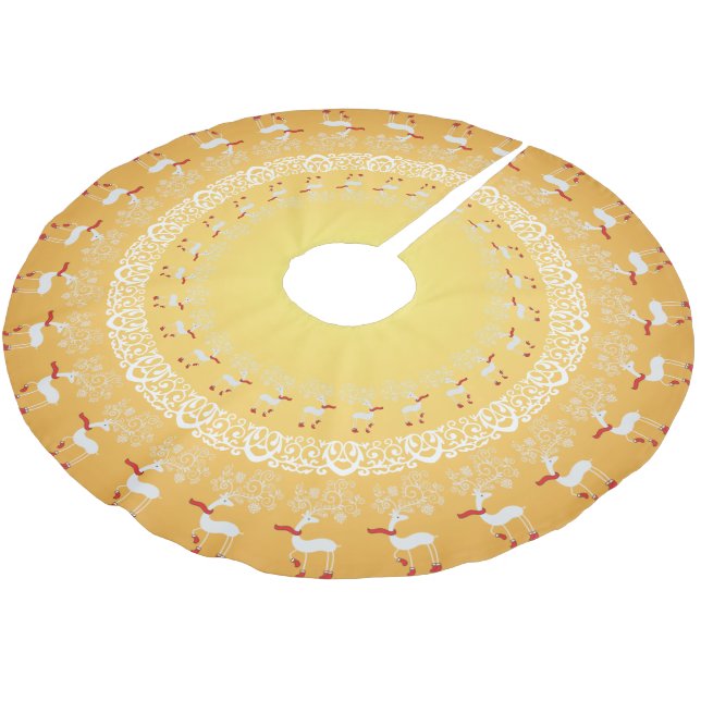 Gold Whimsical Christmas Prancing Deer and Lace Brushed Polyester Tree Skirt (Angled)