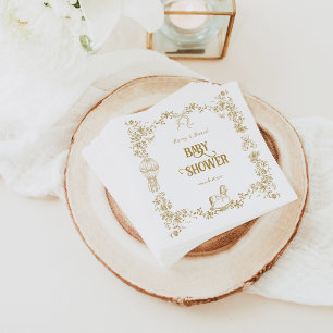 Gold Whimsical Floral Bow Bear Baby Shower Napkin
