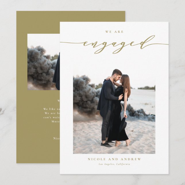 Gold Whimsical Script Photo Engagement Announcement (Front/Back)