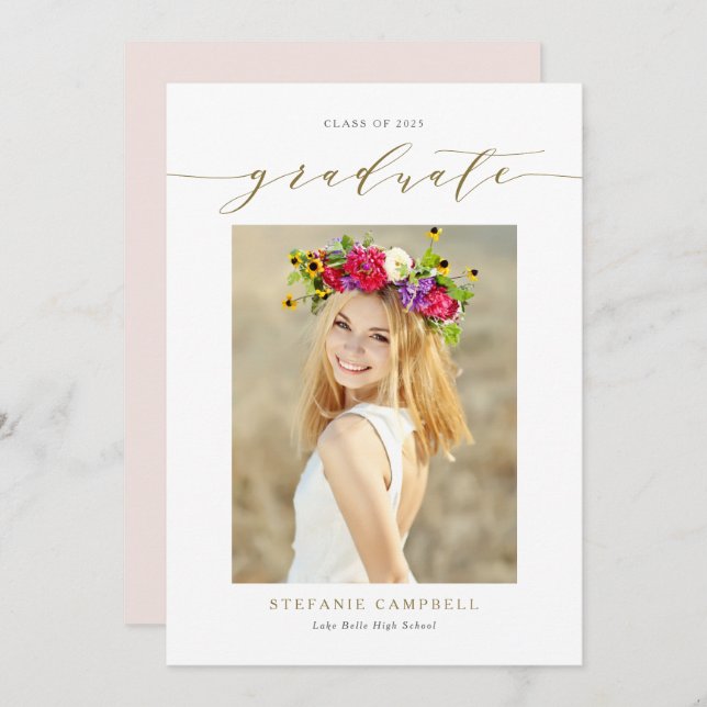 Gold Whimsical Script Photo Graduation Announcement (Front/Back)