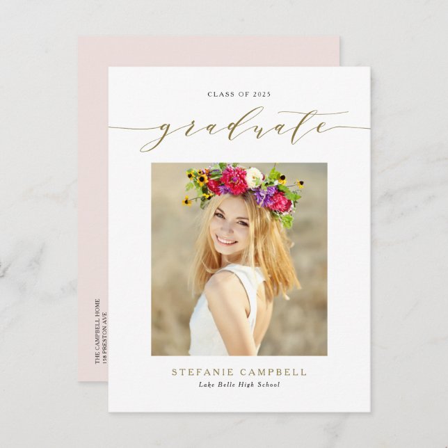 Gold Whimsical Script Photo Graduation Announcement Postcard (Front/Back)