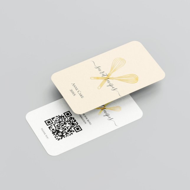Gold Whisk Bakery Chef Caterer Editable Qr code Business Card (Creator Uploaded)