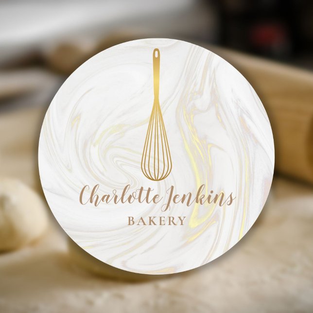 Gold Whisk Bakery Patisserie Marble Swirls Classic Round Sticker (Gold Whisk Bakery Patisserie Marble Swirls Classic Round Sticker)