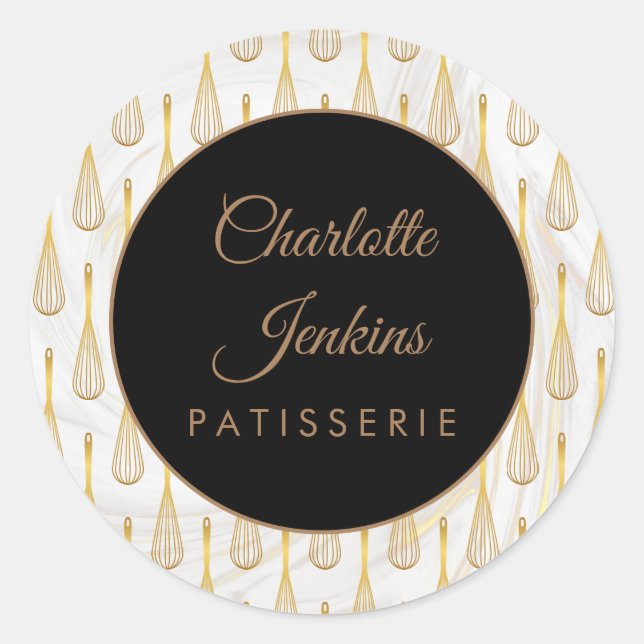 Gold Whisk Pattern Bakery Patisserie Marble Swirls Classic Round Sticker (Front)