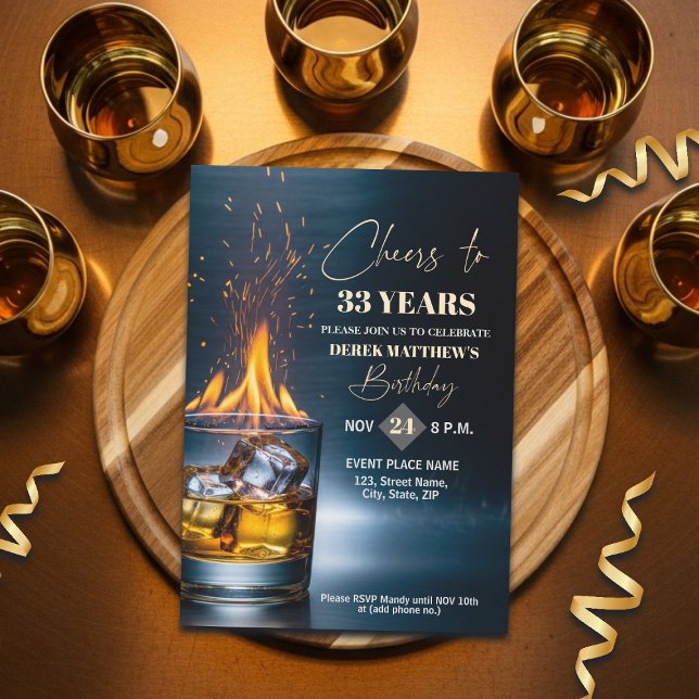 Gold Whiskey Theme Men 33rd Birthday Party Invitation (Creator Uploaded)