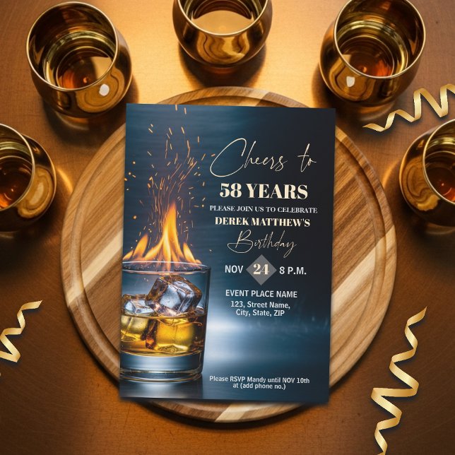 Gold Whiskey Theme Men 58th Birthday Party Invitation (Creator Uploaded)