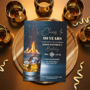Gold Whiskey Theme Men 90th Birthday Party Invitation