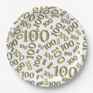 Gold/White 100th Birthday Party Number Pattern Paper Plate
