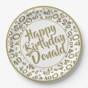 Gold/White 40th Happy Birthday Number Pattern Paper Plate