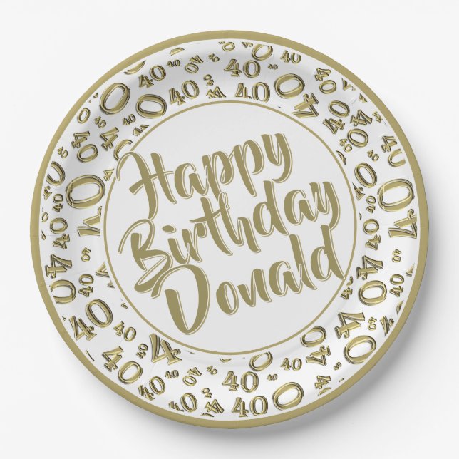 Gold/White 40th Happy Birthday Number Pattern Paper Plate (Front)