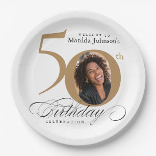 Gold White 50th Birthday Calligraphy Custom Photo Paper Plate