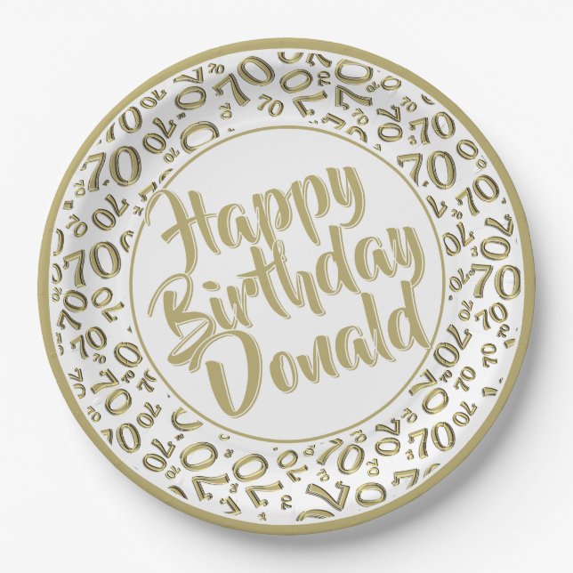 Gold/White 70th Random Number Pattern Paper Plate (Front)