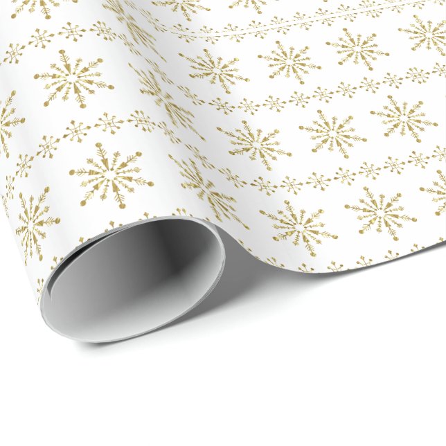 Gold & White Abstract Christmas Snowflakes Wrapping Paper (Roll Corner)