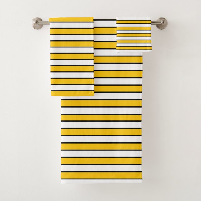 Gold, White and Black Stripes Bath Towel Set (Insitu)