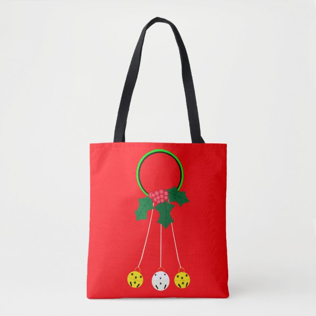 Gold, White and Green Jingle Bells Wreath Tote (Front)