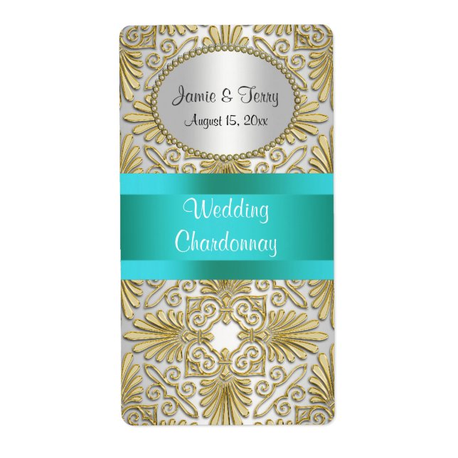 Gold White Art Deco Damask DIY Party Wine Label (Front)