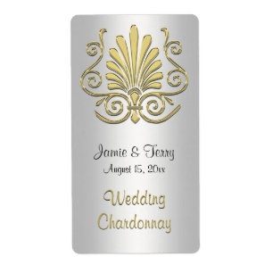 Gold White Art Deco Damask Party Wine Label 2