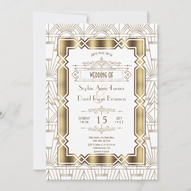 Gold White Art Deco Gatsby 20s Style Wedding Invitation (Front)