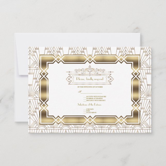 Gold White Art Deco Gatsby 20s Style Wedding RSVP Card (Front)