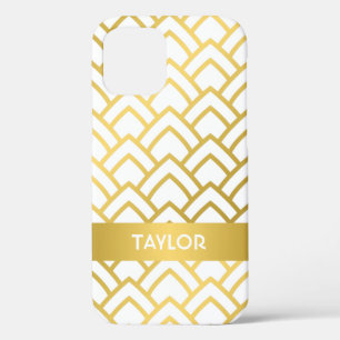 Gold White Art Deco Geometric Pattern Personalise iPhone 12 Case
