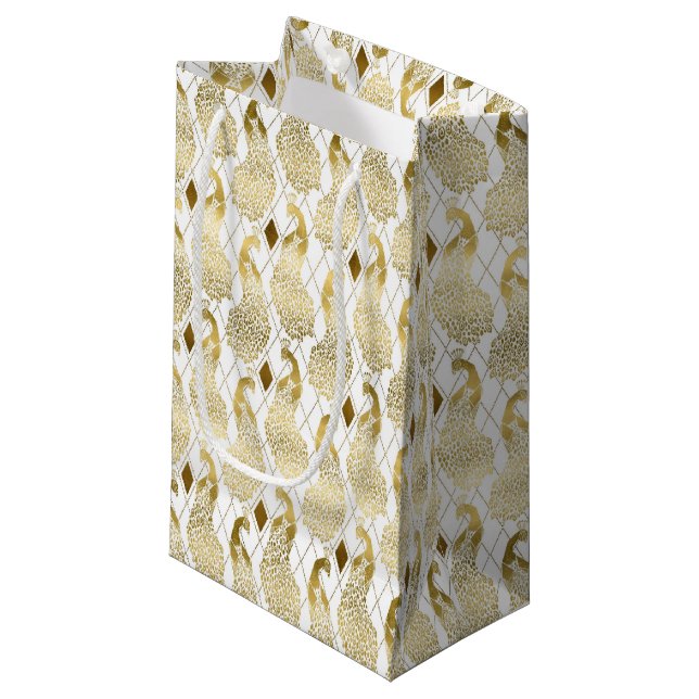 Gold white art deco pattern peacock party wine box small gift bag (Front Angled)