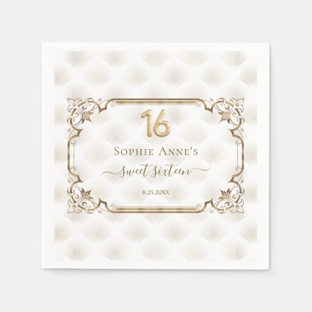 Gold White Art Deco Sweet Sixteen Birthday Napkin (Front)