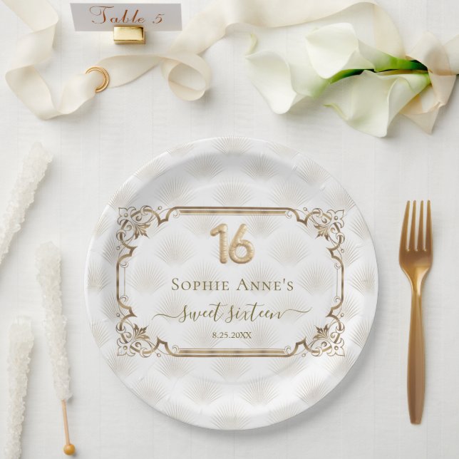 Gold White Art Deco Sweet Sixteen Birthday Paper Plate (Wedding)
