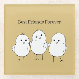 Gold White Baby Chicks Best Friends Forever Glass Coaster