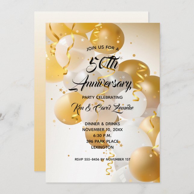 Gold & White Balloons Anniversary Invitations (Front/Back)