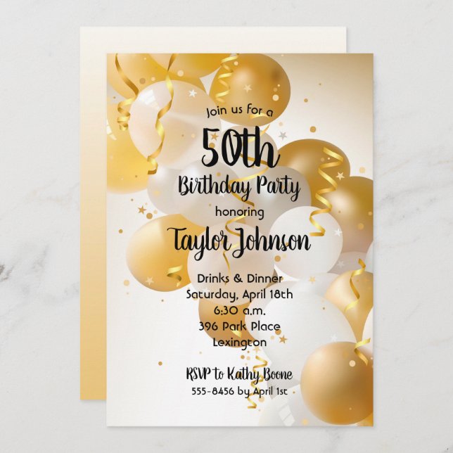 Gold White Balloons Birthday Party Invitations (Front/Back)